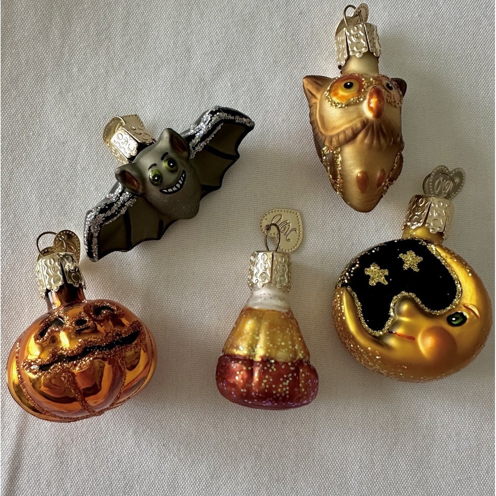 Old World Christmas Mini Halloween Glass Blown Ornaments Bat Owl Moon Lot Of 5